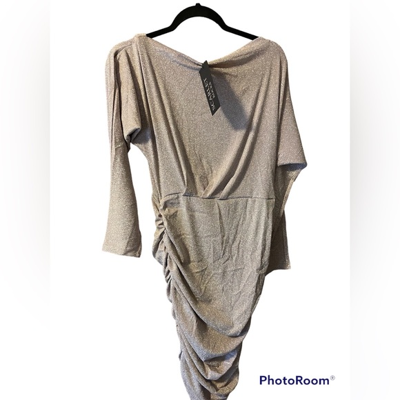 Scarlett Rocks Bardot neck ruched mini dress in taupe Glitter Size UK14 Fitted - Picture 10 of 10